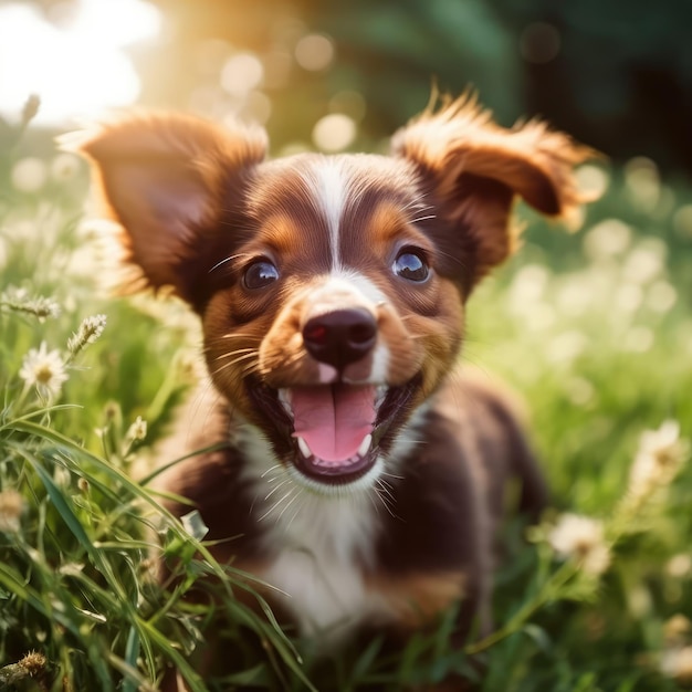 A puppy in a field of flowers