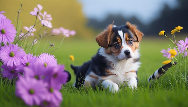 A puppy in a field with flowers