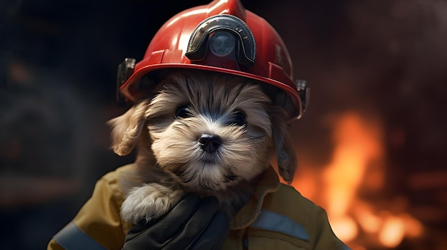 A puppy in a firefighters helmet