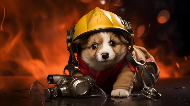 A puppy in a firefighters helmet