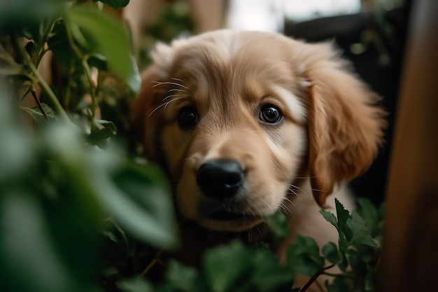 A puppy in a garden with leaves