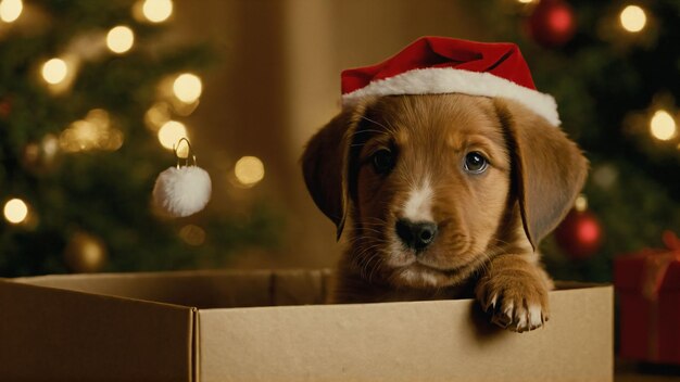 クリスマスのプレゼント箱の中の子犬 箱の中の可愛いペット クリスマスの背景