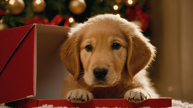 Photo puppy in a gift box for christmas cute pet in a box christmas background