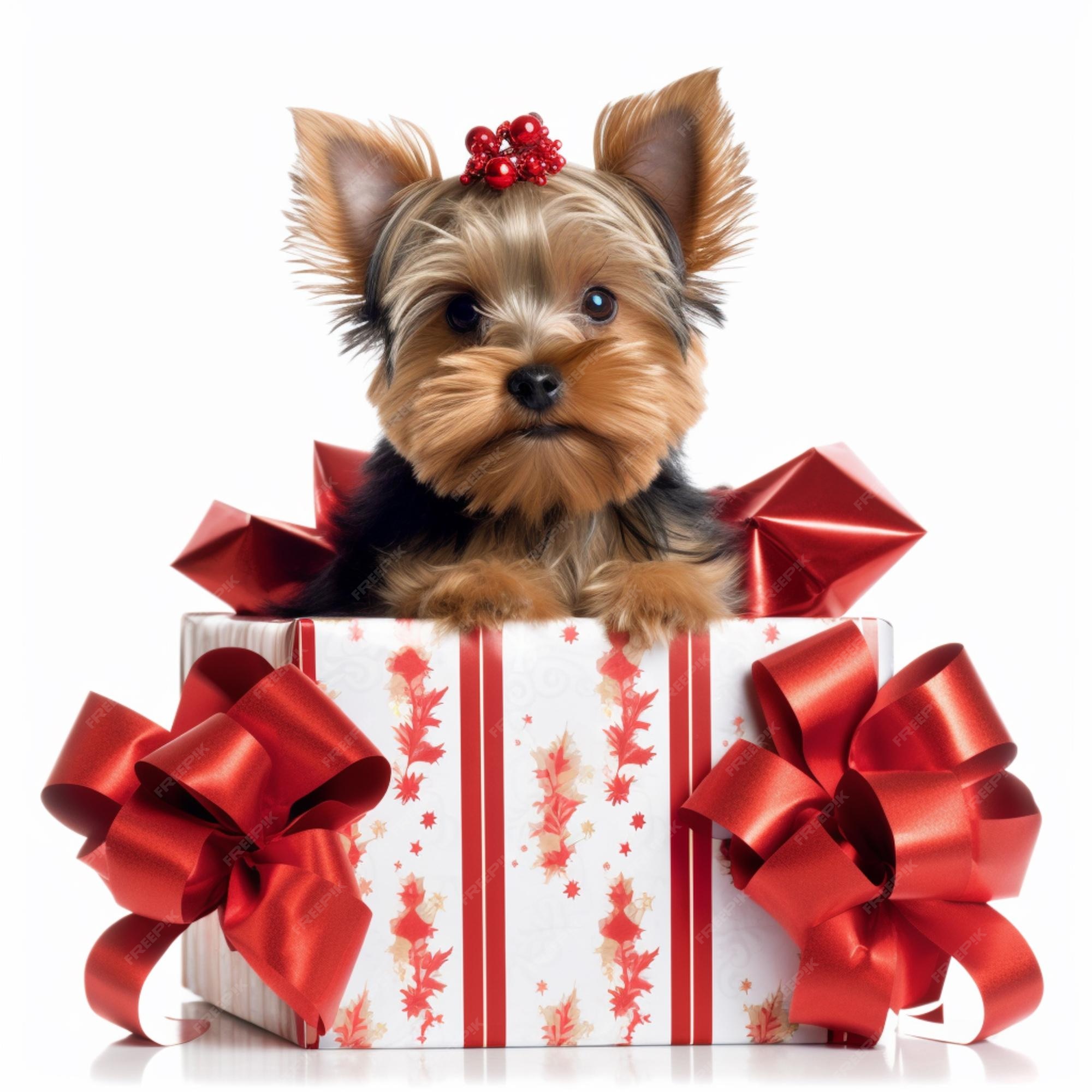 Premium Photo  A puppy in a gift box with a red bow.