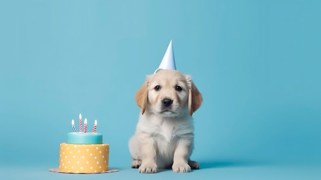 Puppy golden retriever in birthday cap Generative AI