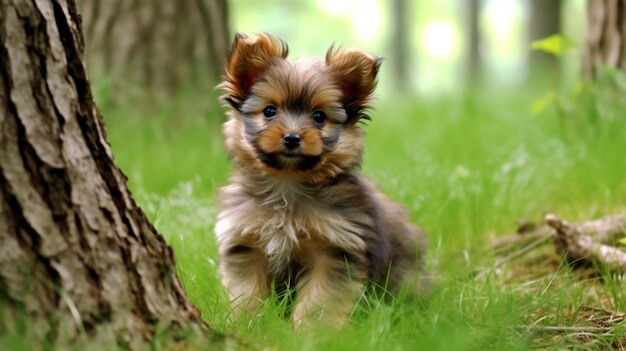 A puppy in the grass with its ears up