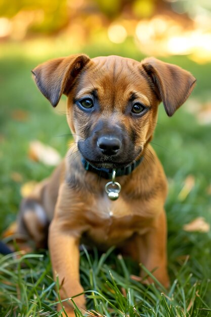 草 の 上 に いる 子犬