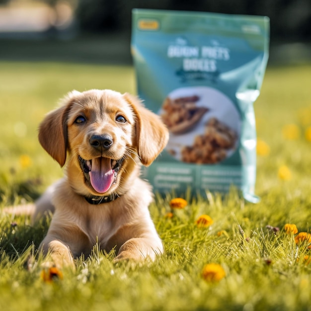 A puppy happily playing next to new pet food for dogs