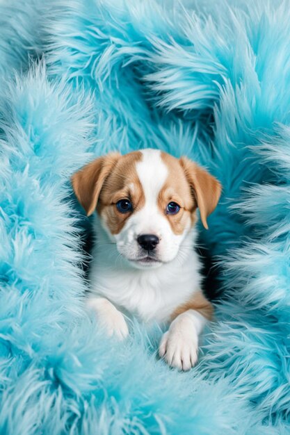 The puppy hides among pastel blue fur