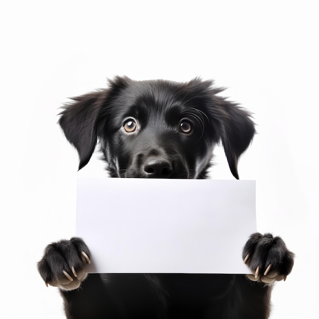 щенок держит макет текста на чистом листе бумаги