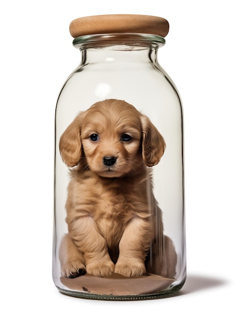 Puppy hond in een glazen fles