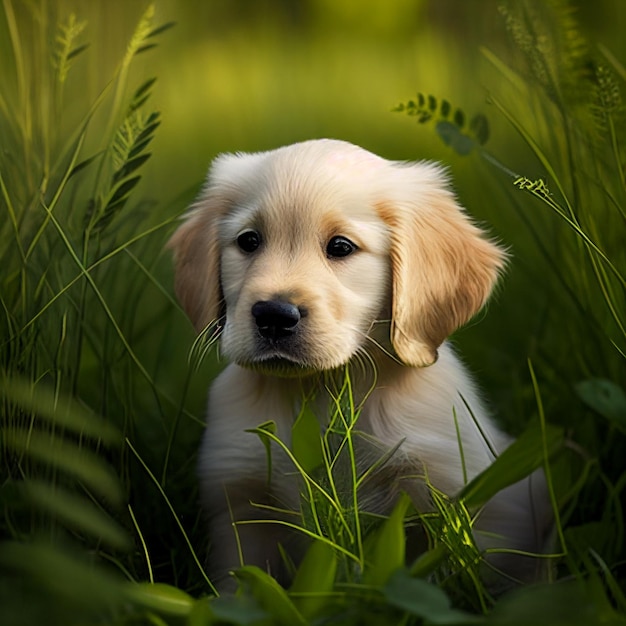 Puppy hondje in het gras met een achtergrond generatieve ai