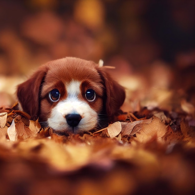 Puppy hondje liggend in herfstbladeren bos 3D-rendering