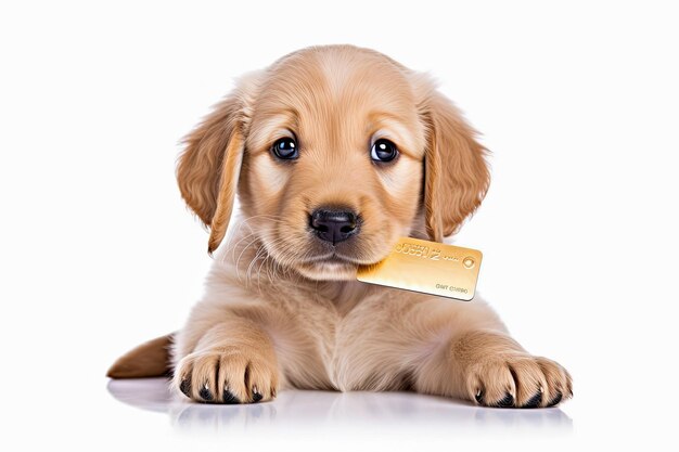 Foto puppy houdt een bankkaart in zijn mond.