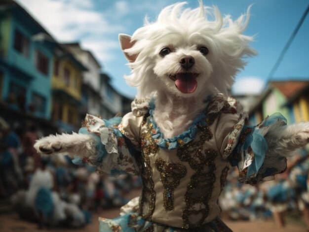 写真 カーニバルで踊るドレスを着た子犬