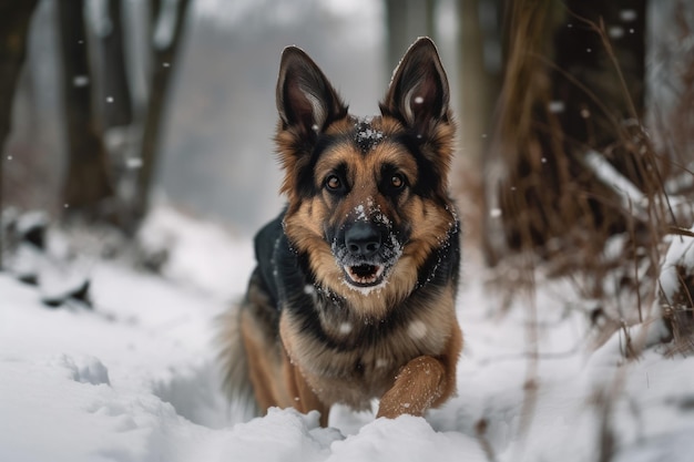 子犬は雪の中ではしゃぐ ジャーマンシェパードと一緒に寒い冬の散歩