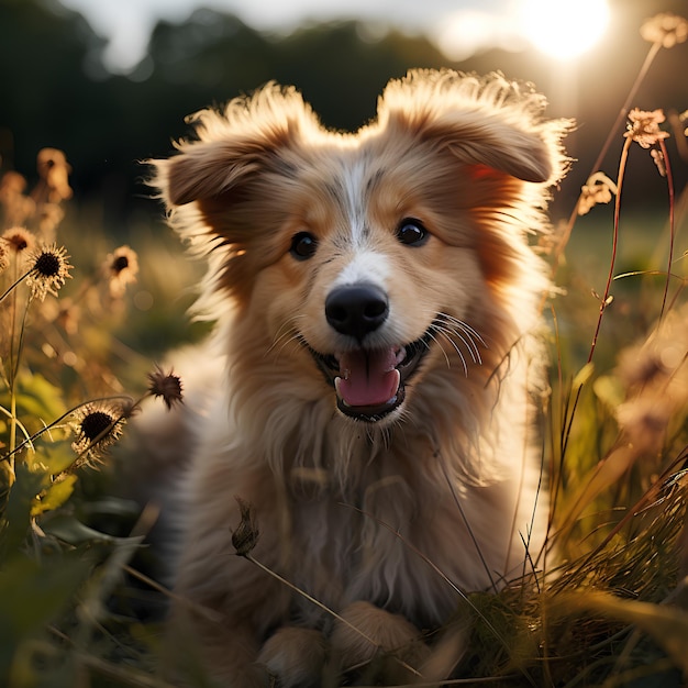 子犬が草の上で幸せです