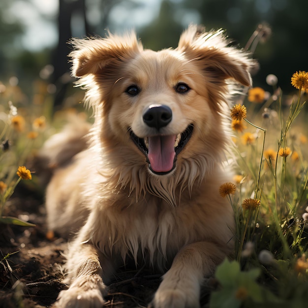 A puppy is happy in the grass