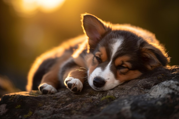 a puppy is laying on a rock in the sun