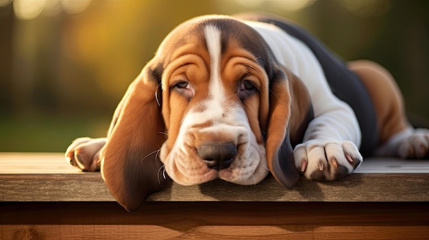 a puppy is lying on a ledge with his eyes closed.