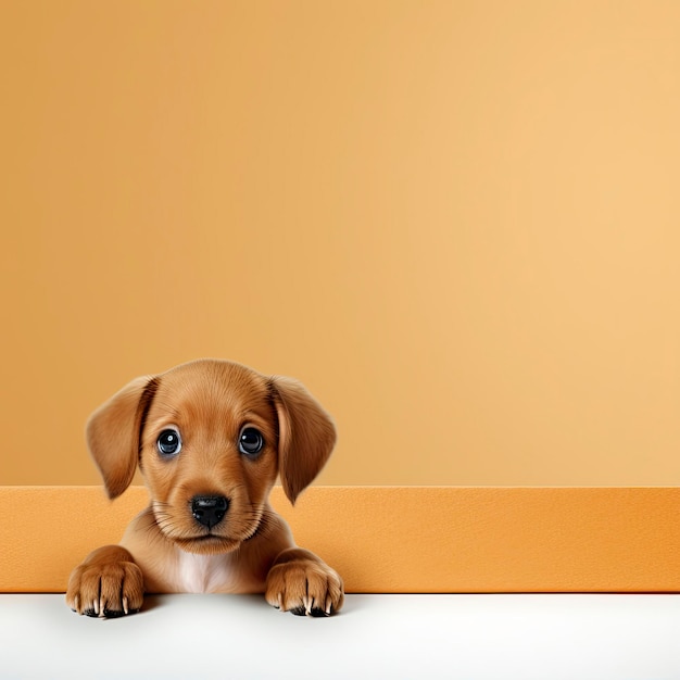 A puppy is peeking out from behind a wall