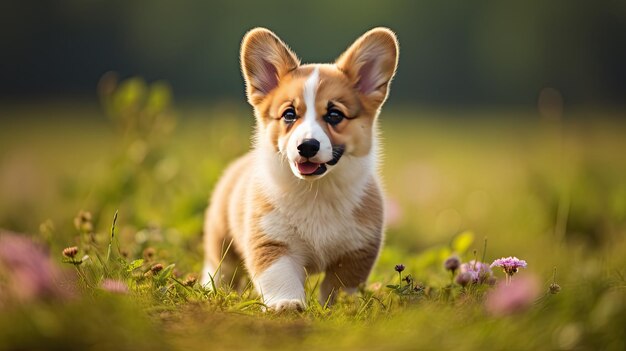 a puppy is running in a field with a flower in the background.