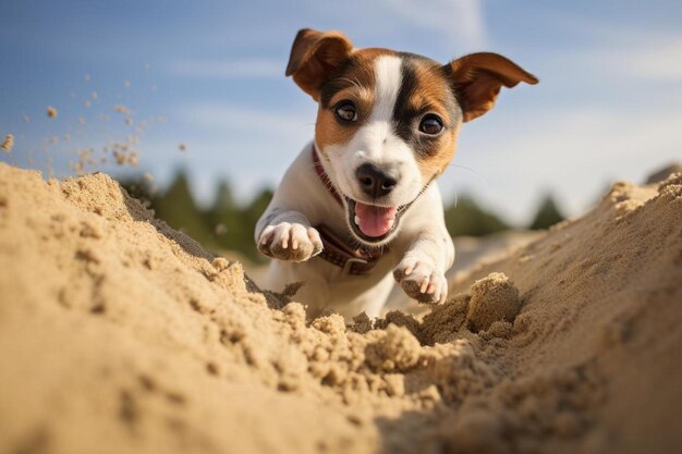 A puppy is running in the sand and is looking up