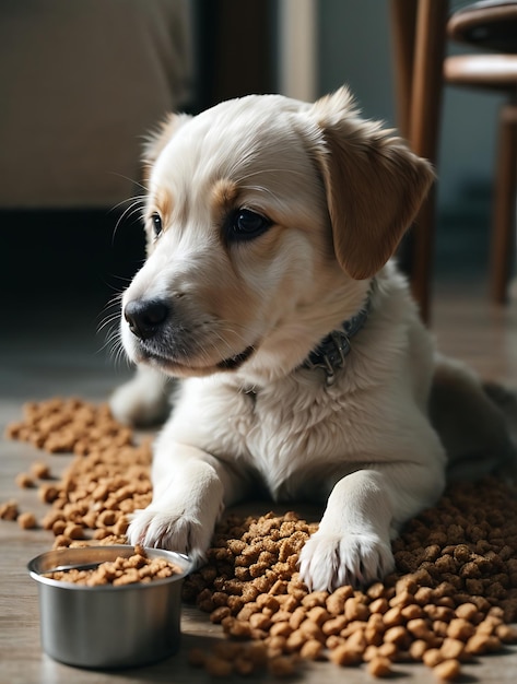 a puppy is sitting on the floor with a bowl of dog food