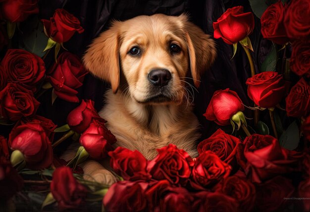 puppy is sitting in the flowers surrounded by red roses in front of dark background