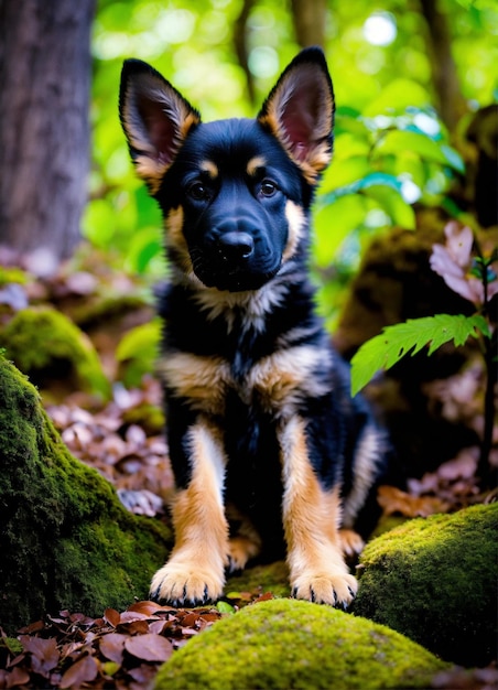 a puppy is sitting on a log in the woods