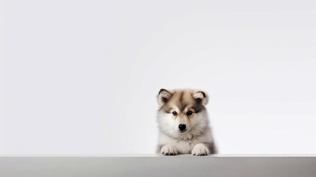 A puppy is sitting on a wall and looking over it.