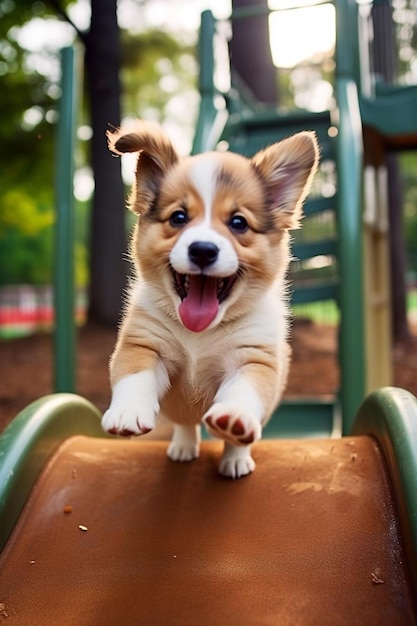 Photo a puppy is on a slide with its tongue out