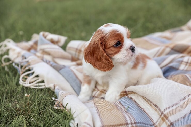 Photo 暑い夏の芝生の上の毛布に乗った子犬キングチャールズスパニエル