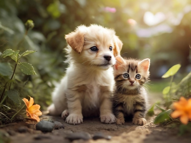 a puppy and a kitten are sitting in the dirt