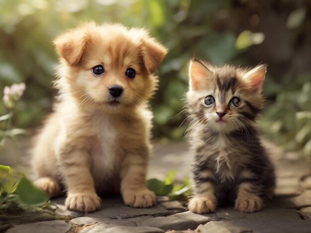 a puppy and a kitten are sitting on a stone surface