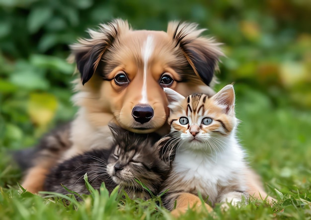 A puppy and a kitten embracing each other in their arms they are sitting on grass