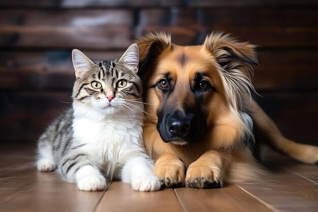 ベッドの上で親友として抱き合う子犬と子猫