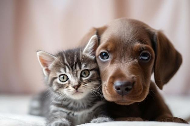 a puppy and a kitten laying on the floor