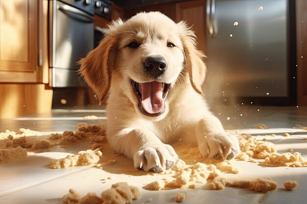 Photo the puppy knocked over the flour