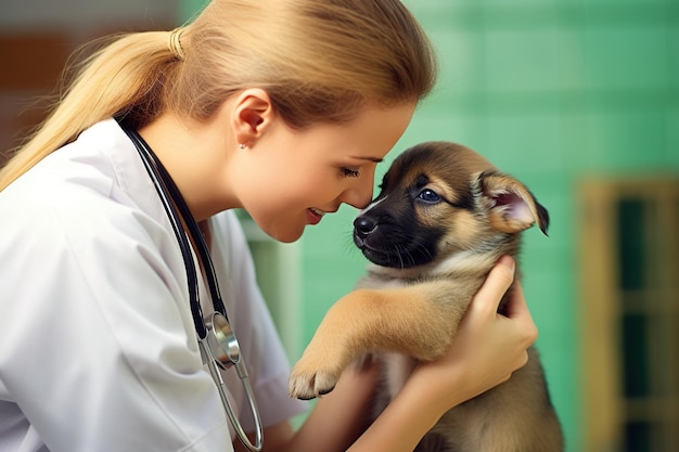 Puppy kussende vrouwelijke dierenarts