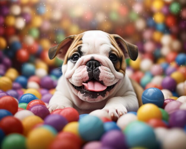 puppy laying in a ball pit with his tongue out generative ai