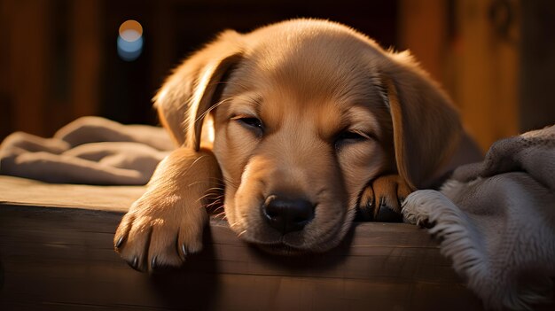 puppy laying on a bed with his head on the edge of the bed Generative AI