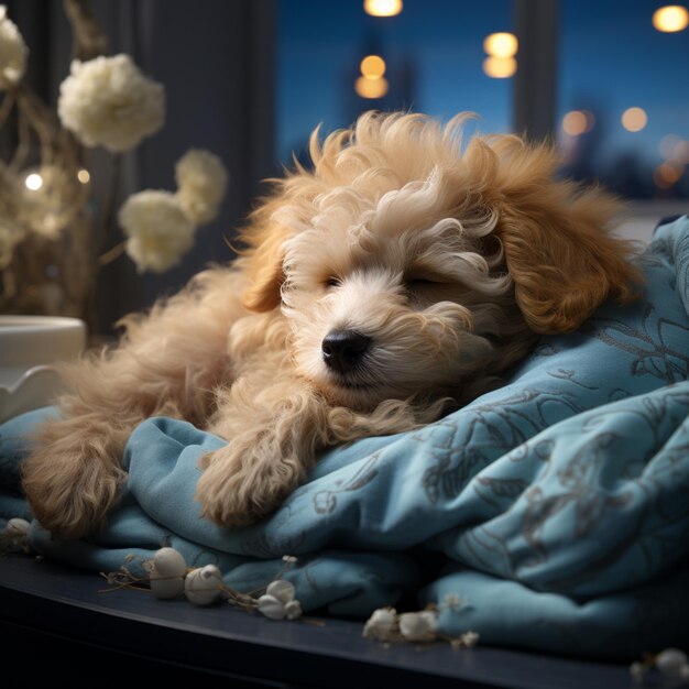 puppy laying on a blanket with a cup of coffee in the background generative ai