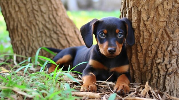 草の中に横たわって目を大きく開いた子犬