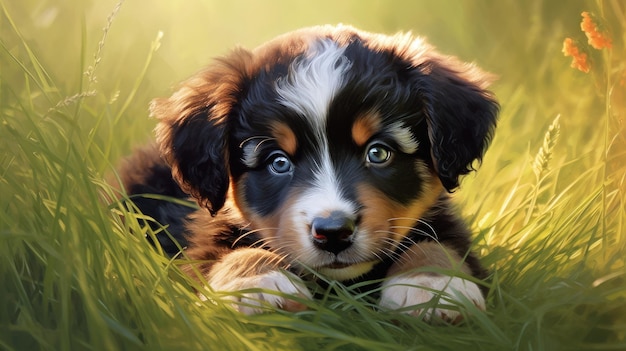 A puppy laying in the grass