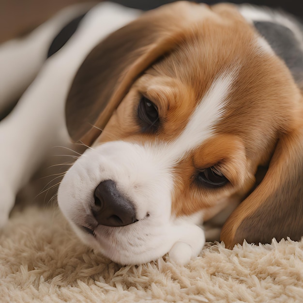 目を閉じてカーペットの上に横たわっている子犬