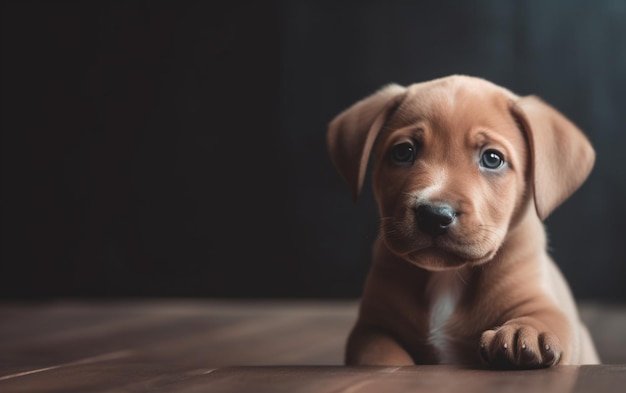 A puppy laying on a wooden floor