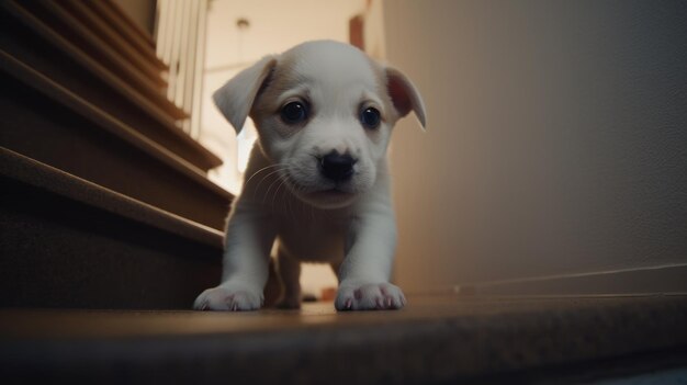 A puppy learning to climb up stairs for the first time