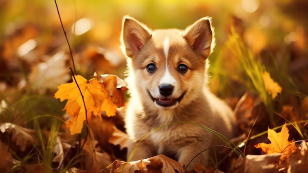 A puppy in the leaves of autumn