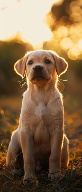 Puppy leert zitten commando aandachtige blik zachte avond licht close-up warme tonen Prime Lenses